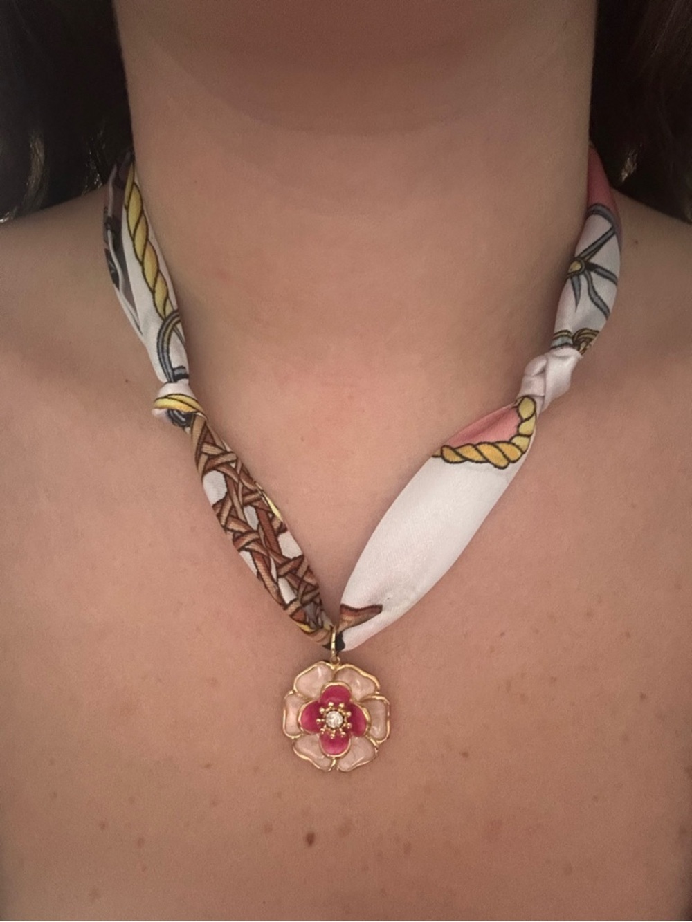 Floral Pink Enamel Pendant Scarf Necklace